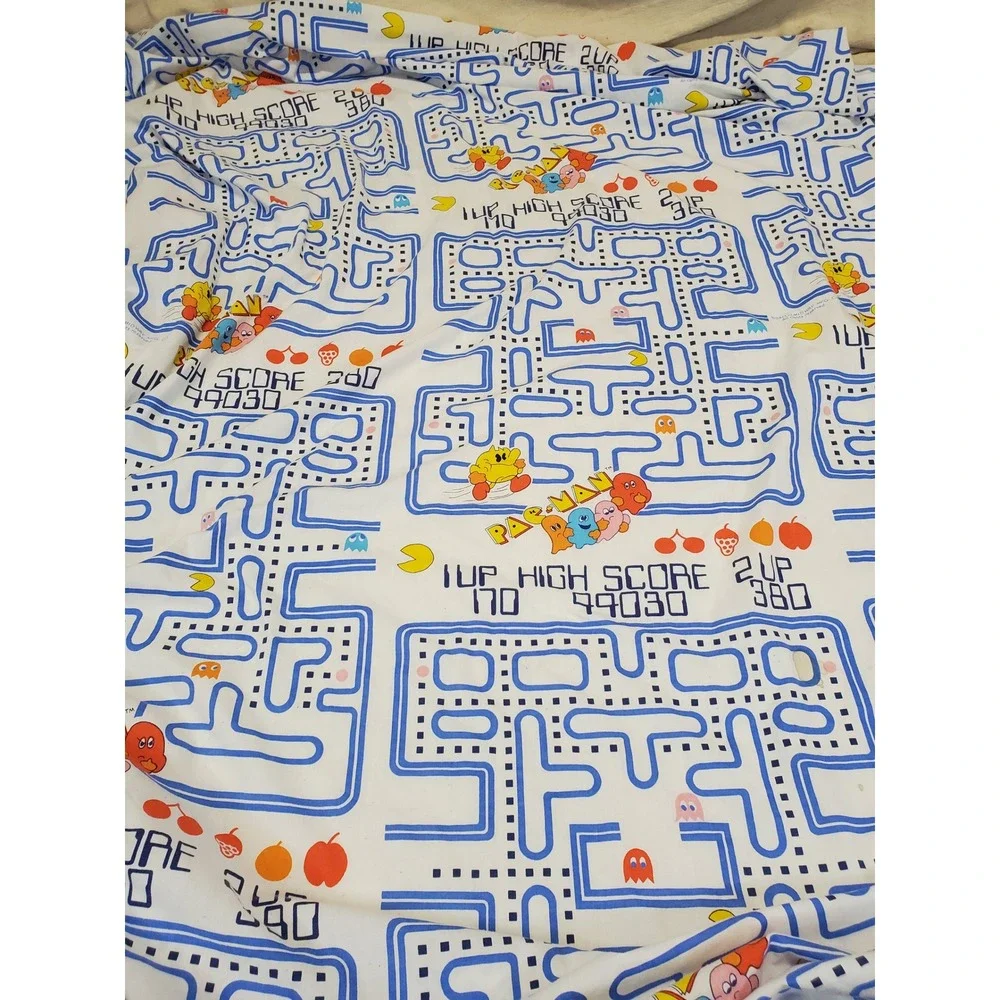 Vintage Danville 1980s White Blue Pac-Man Ghosts Fabric Twin Flat Sheet Gamer